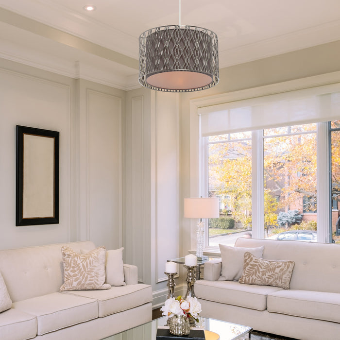 14"W Karla Silver Metal Pendant Light with Fabric Shade in a living room with beige sofas, decorative pillows, and a large window.