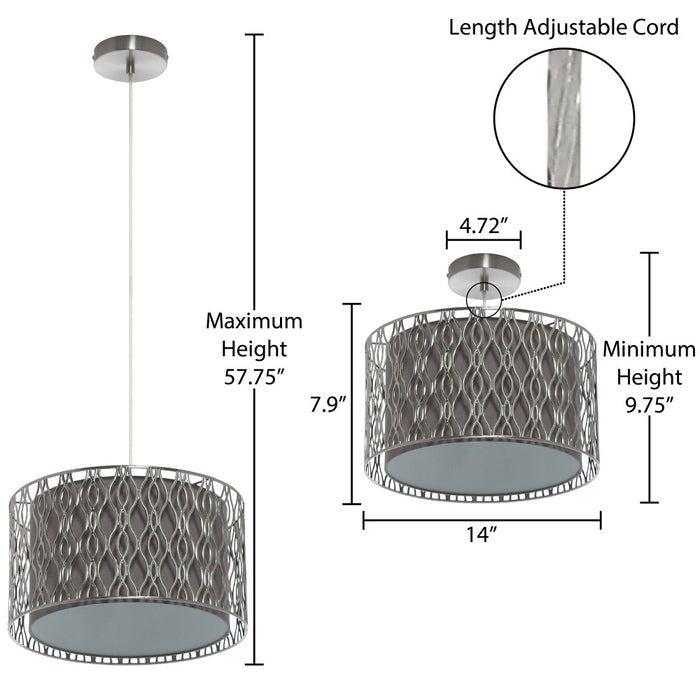 14"W Karla Silver Metal Pendant Light with Fabric Shade