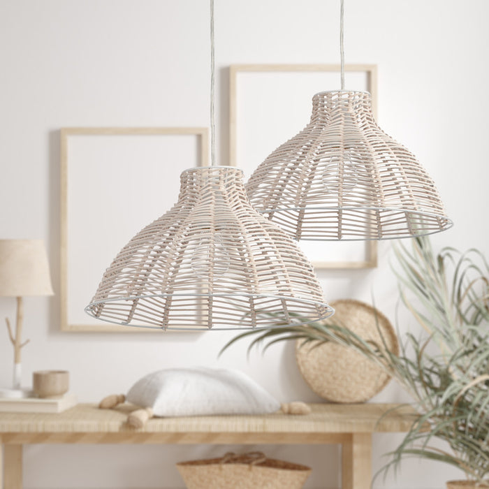 15" 1-Light Elodie Pendant Light Natural Rattan White hanging in a room with a table, plant, and framed pictures.