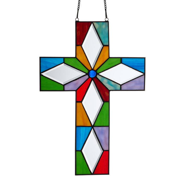 15" H Tiffany-Style Cross Stained Glass Window Panel-Backlit