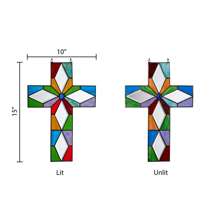 15" H Tiffany-Style Cross Stained Glass Window Panel