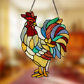 15.25"H Rusty the Rooster Stained Glass Window Panel hanging against a blurred background