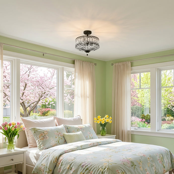 15.25"H Tiered Jeweled Glass and Metal Semi-Flush Mount Lighting Fixture in a bedroom with floral bedding and curtains