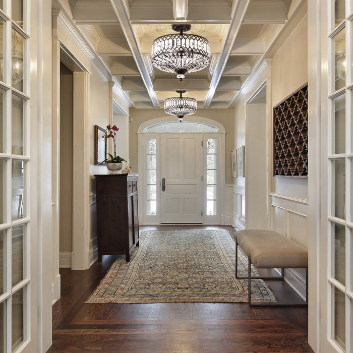15.25"H Tiered Jeweled Glass and Metal Semi-Flush Mount Lighting Fixture in a foyer with a door and bench