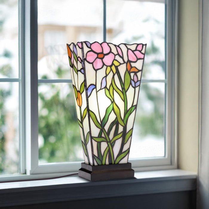 15.5" H Yara Multi Colored Stained Glass Vase-Shaped Table Lamp on a windowsill