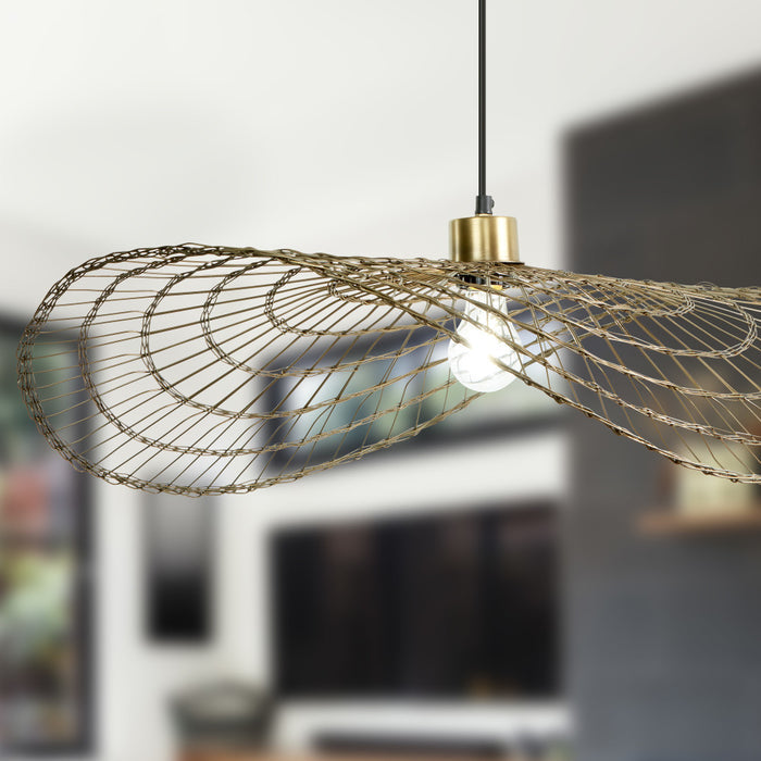 15.75" W Jessica Industrial Brass Woven Disk Shade Pendant in a blurred room setting