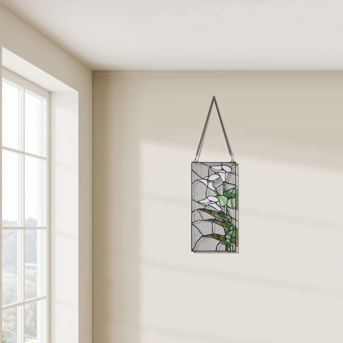 16" H Calla Lilies Design Stained Glass Window Panel on a beige wall in a bright room.