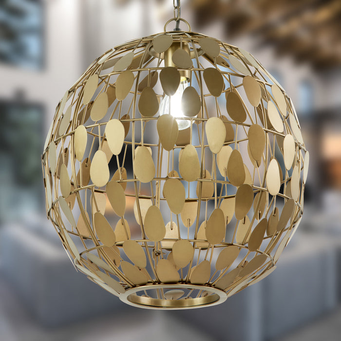 16" W Abby Glam Gold Globe Shade Pendant Light with Oval Metal Cutouts in a blurred indoor background