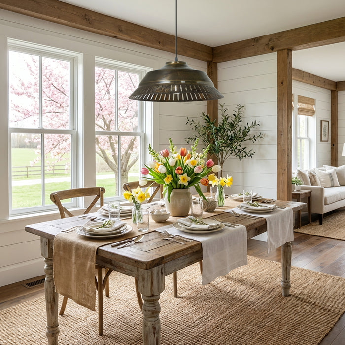 16" W Delano Antique Bronze Metal Pendant Light in a dining room with a wooden table set for a meal, flowers, and a view of cherry blossoms outside.