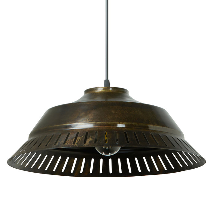 16" W Delano Antique Bronze Metal Pendant Light. Shade closeup-Off