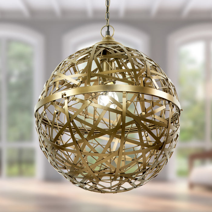 16" W Jillian Industrial Abstract Brass Metal Globe Shade Pendant Light in a room with large windows.