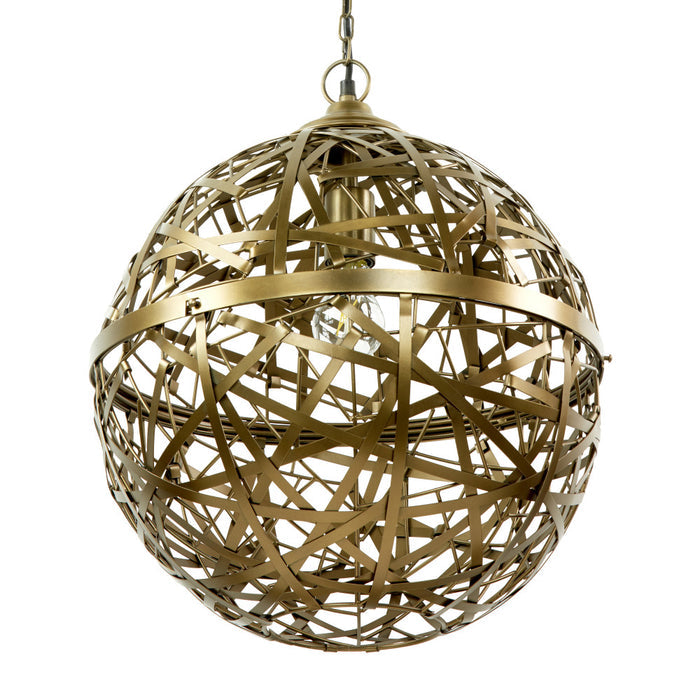 16" W Jillian Industrial Abstract Brass Metal Globe Shade Pendant Light. Shade closeup-Off