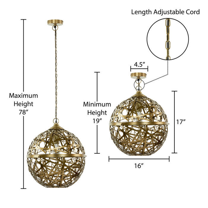 16" W Jillian Industrial Abstract Brass Metal Globe Shade Pendant Light
