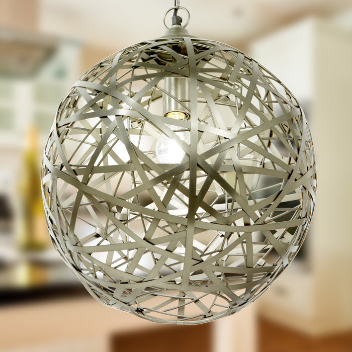 16" W Jillian Industrial Abstract Nickel Metal Globe Shade Pendant Light in a blurred indoor setting