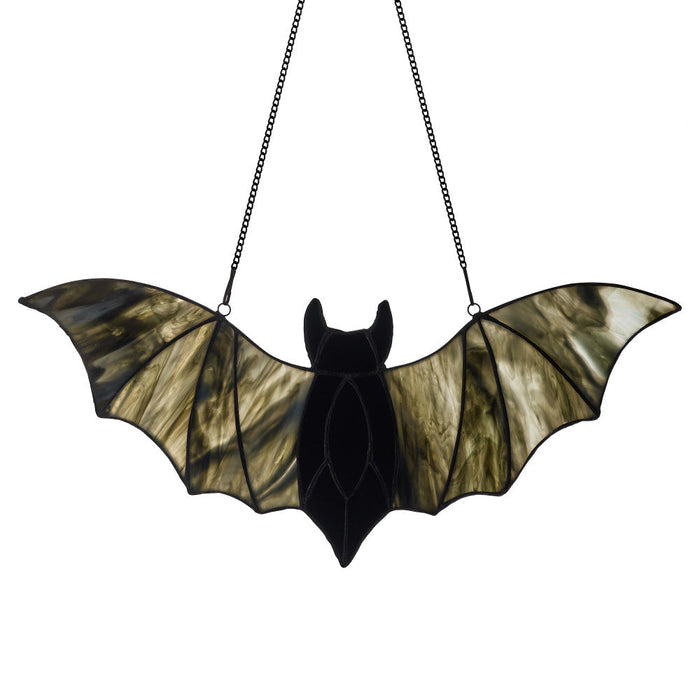 16" W Tiffany-Style Halloween Black Bat Stained Glass Window Panel-Backlit