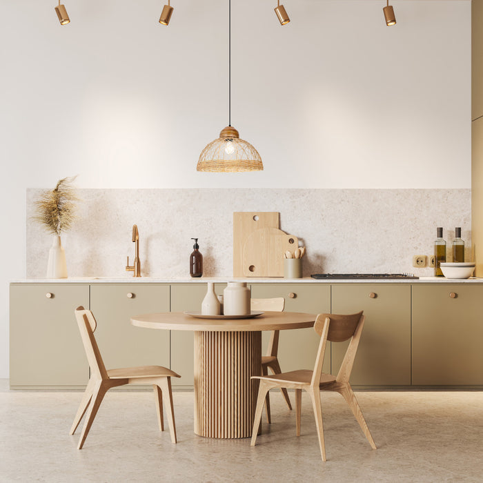16.25" W 1-Light Josie Wood and Jute Dome Pendant in a modern kitchen with wooden table and chairs and light-colored cabinets