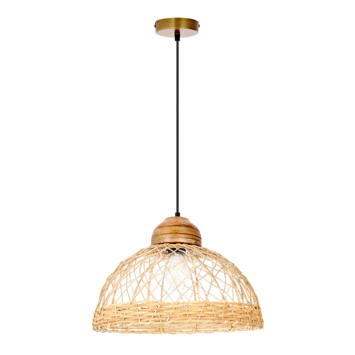 16.25" W 1-Light Josie Wood and Jute Dome Pendant-On