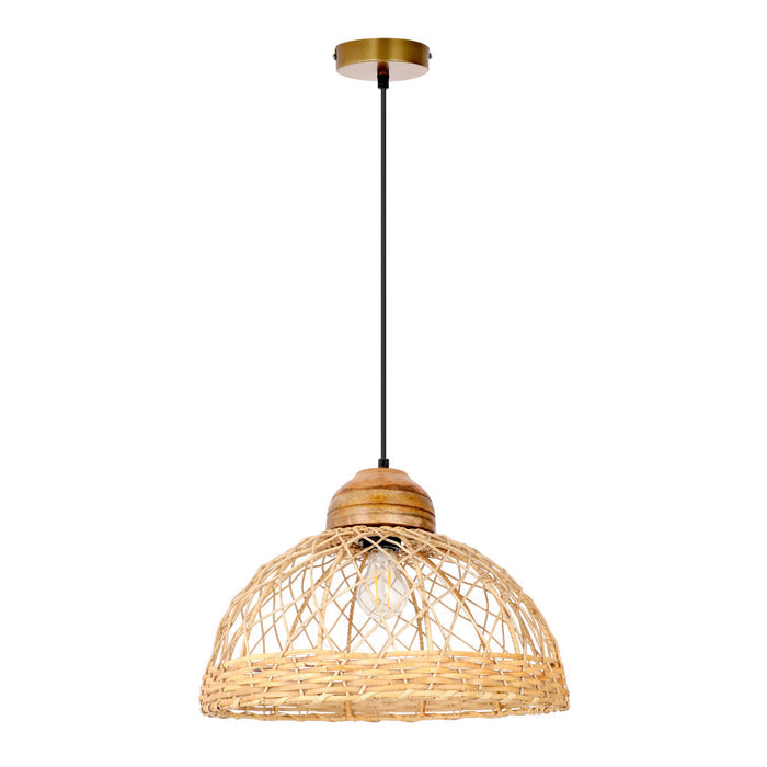 16.25" W 1-Light Josie Wood and Jute Dome Pendant-Off