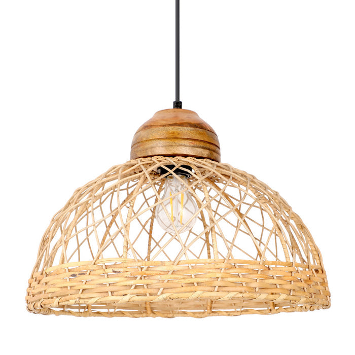 16.25" W 1-Light Josie Wood and Jute Dome Pendant. Shade closeup-Off