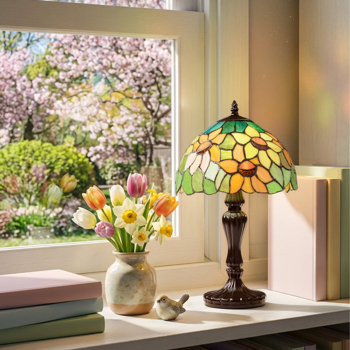 16.5" H Sunflowers Stained Glass Candlestick Table Lamp on a windowsill with flowers and books
