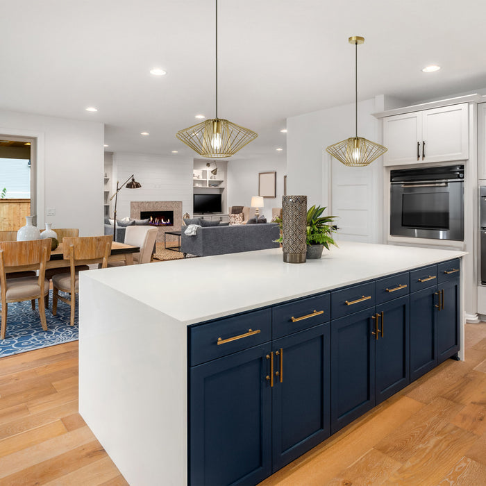 16.5" W Lucy Industrial Gold Open Caged Shade Pendant Light in a modern kitchen with blue cabinets, white island, and open living room.