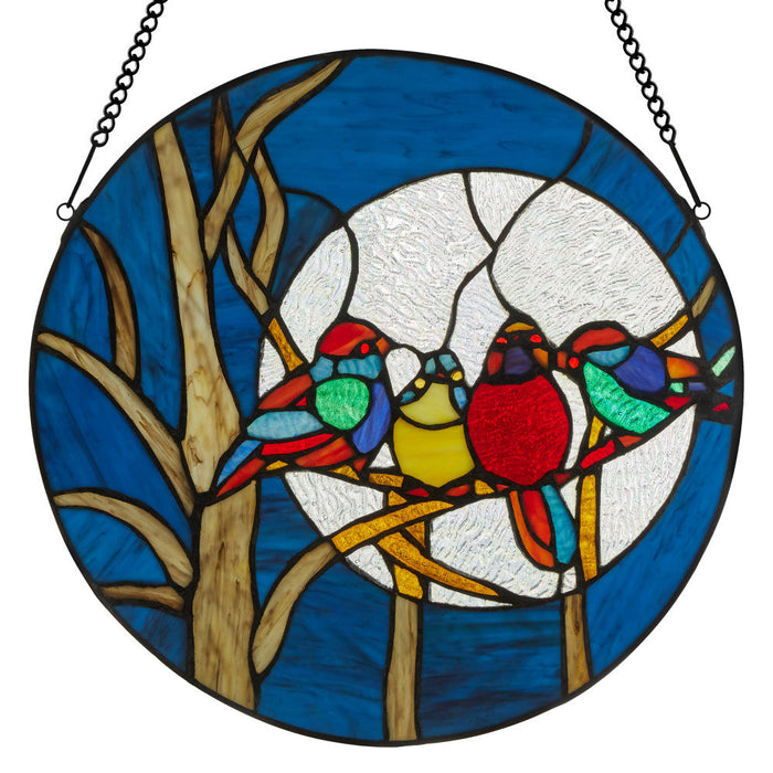 16"H Birds in the Night Sky Round Stained Glass Window Panel-Backlit
