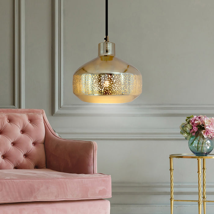 16"H Sorrento Teardrop 1-Light Metal Pendant hanging above a pink sofa in a room with a gold side table and floral arrangement.
