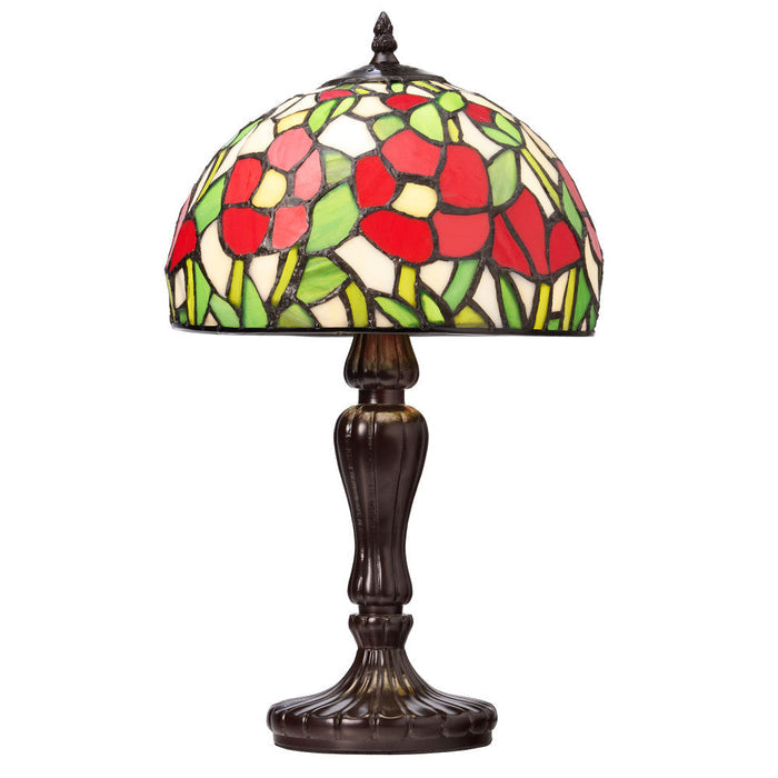 17" H Genevieve Red Flowers Stained Glass Candlestick Table Lamp-On