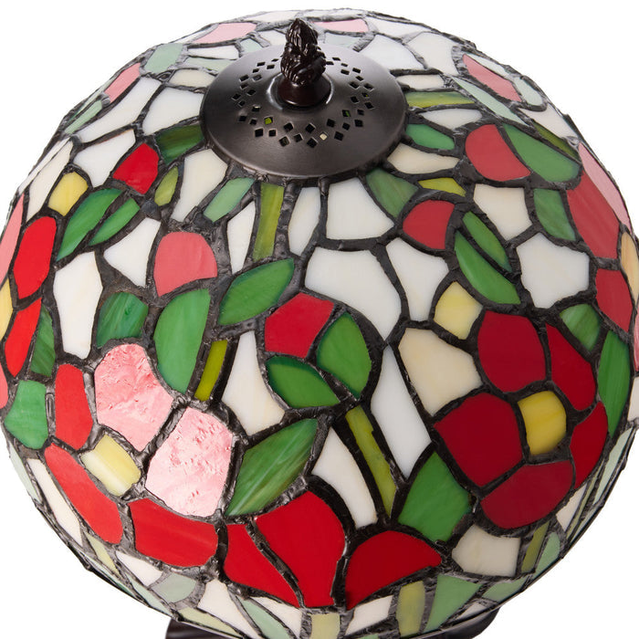17" H Genevieve Red Flowers Stained Glass Candlestick Table Lamp. Shade closeup-Off