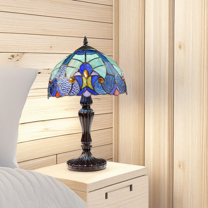 17" H Halston Candlestick Base Dome Shade Table Lamp on a wooden nightstand.