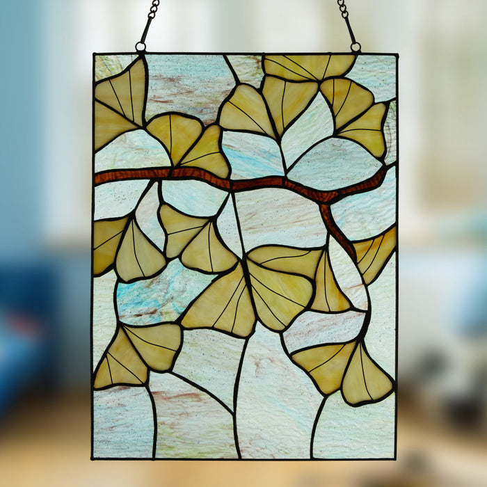 17.5"H Ginkgo Leaf Stained Glass Window Panel on a blurred background