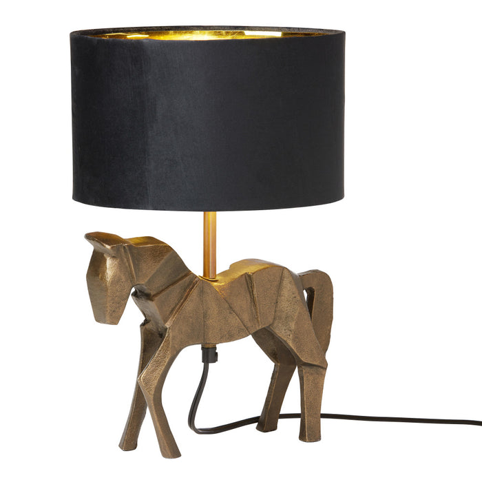 17.75 H Gold Origami Horse Base Table Lamp with Black Drum Shade-On