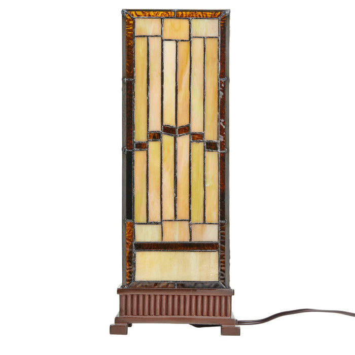 17"H Tiffany Style Stained Glass Rustic Hurricane Lamp. Straight on view unlit