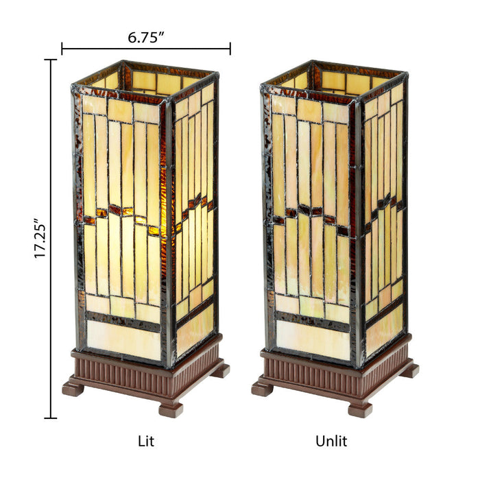 17"H Tiffany Style Stained Glass Rustic Hurricane Lamp. Comparison between lit and unlit