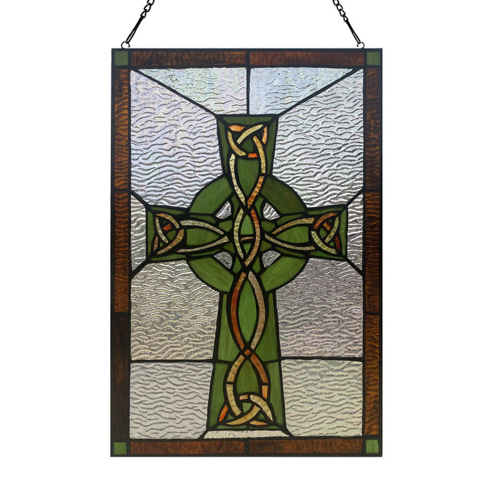 18" H Celtic Cross Stained Glass Window Panel-Backlit