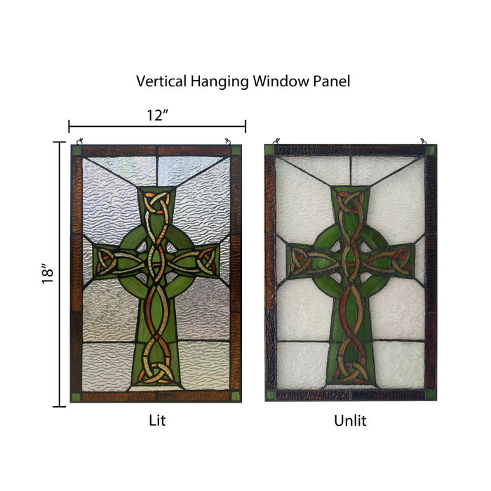 18" H Celtic Cross Stained Glass Window Panel-Comparison between backlit and frontlit