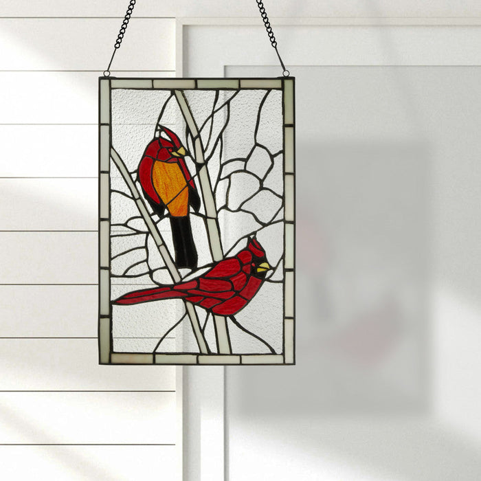 18.5"H Northern Cardinal Songbird Stained Glass Window Panel against a white background