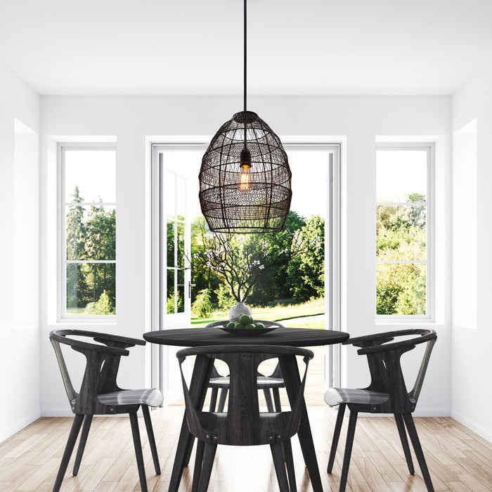 18.5"H Woven Modern Cage Oversized 1-Light Pendant in a modern dining room with black table and chairs.