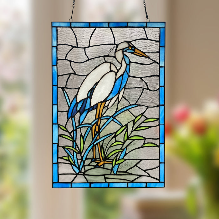River of Goods 18-Inch Majestic Crane Stained Glass Window Panel with a blurred background