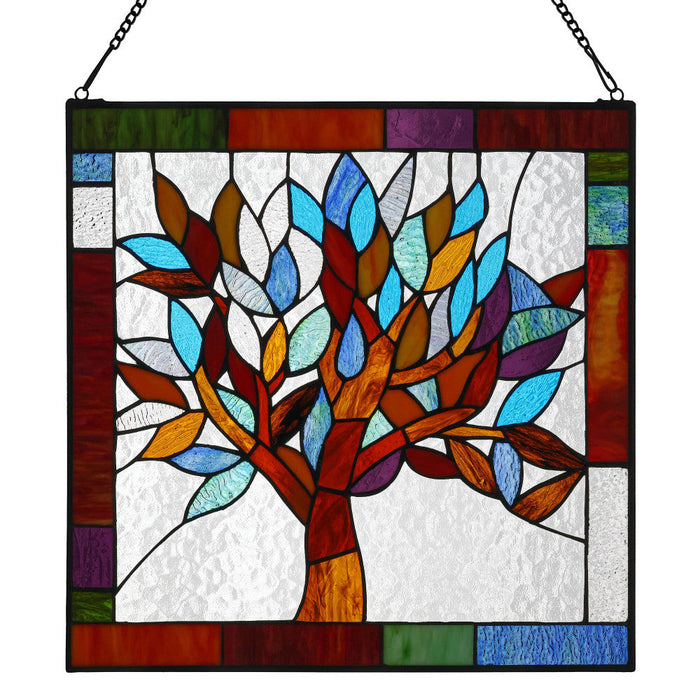 18"H Tiffany Style Stained Glass Mystical World Tree Window Panel-Backlit
