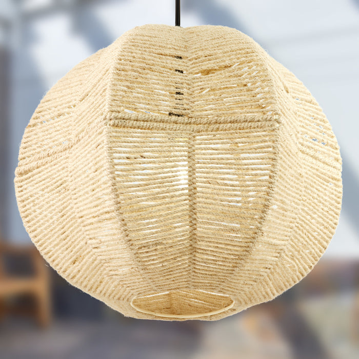 19" W Estelle Bohemian Ivory Jute Globe Shade Pendant against a blurred background