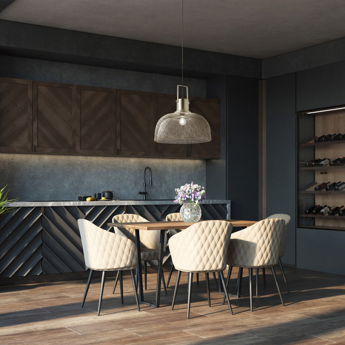 19" W Kayla Industrial Silver Dome Shade Pendant in a modern kitchen with a dining area featuring a table and chairs.