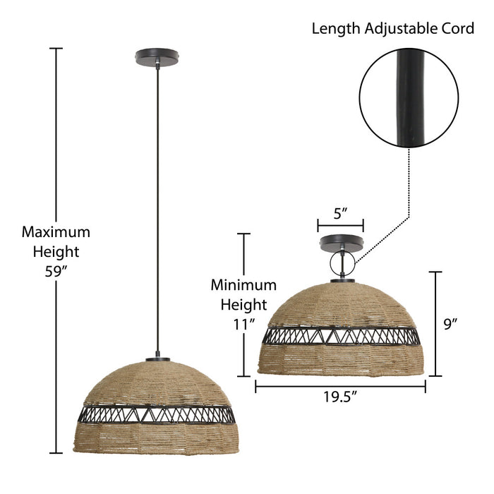 19.5" W 1-Light Arie Metal and Jute Pendant