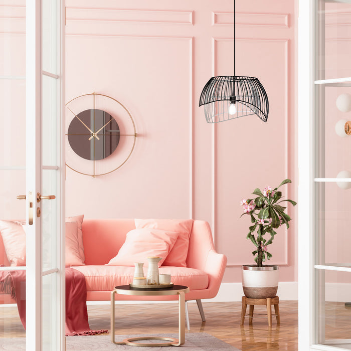 19.5" W Lisa Industrial Black and White Dome Shade Pendant in a modern living room with pink walls, a pink sofa, and decorative elements.
