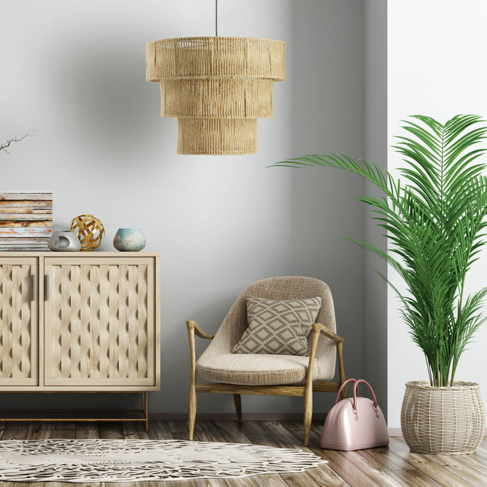 19.75" W 1-Light Antonella Metal and Jute Pendant Light in a living room with, armchair, sideboard, and plant