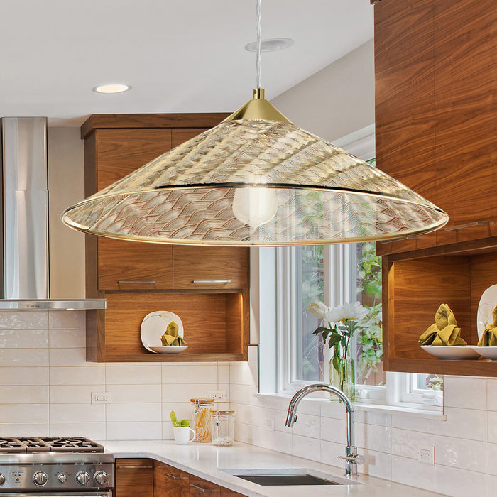 20" 1-Light Rosalinde Pendant Light Gold in a modern kitchen.
