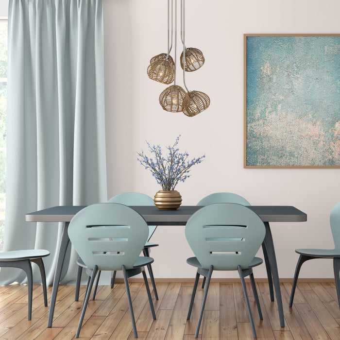 20.5"H Brushed Nickel Five-Branch Rattan Ceiling Light in a dining room with a table and chairs, decorative elements, and a painting on the wall.
