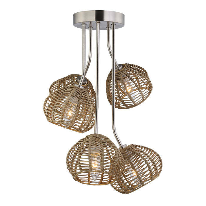 20.5"H Brushed Nickel Five-Branch Rattan Ceiling Light-On