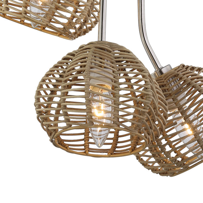 20.5"H Brushed Nickel Five-Branch Rattan Ceiling Light-On Closeup