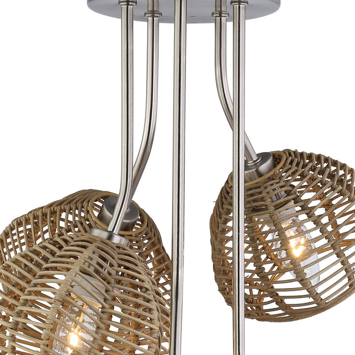 20.5"H Brushed Nickel Five-Branch Rattan Ceiling Light-On Closeup